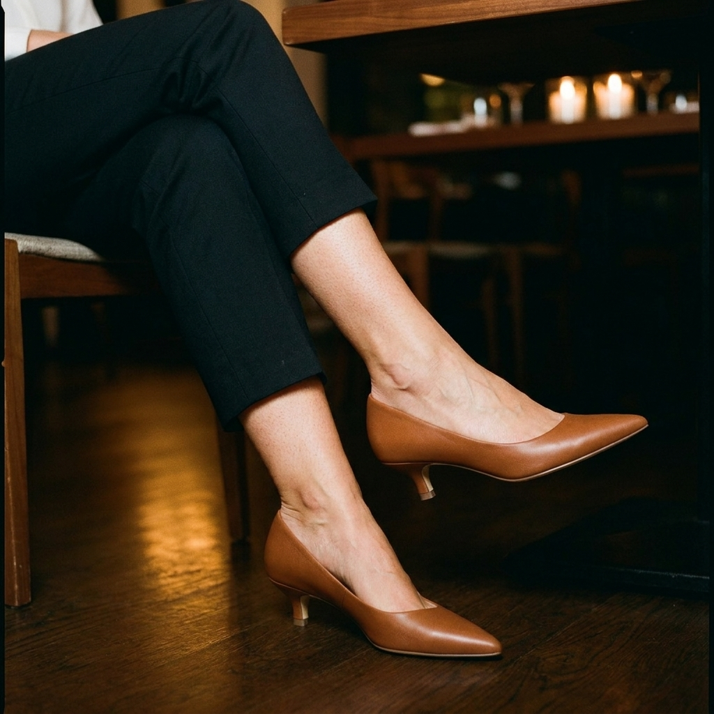Women's kitten heel pumps worn seated, ankles crossed under a restaurant table