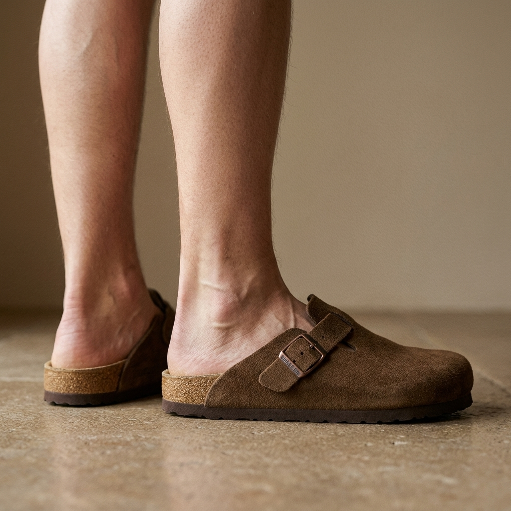Leather clog mules for women, standing on a warm stone floor in soft daylight