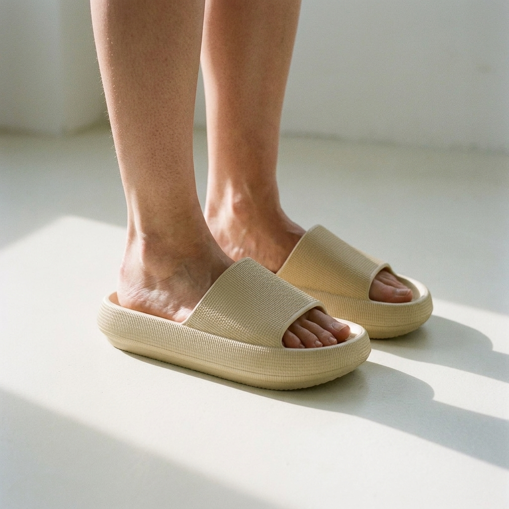 Women's single-band cushioned slide sandals on a pale floor in soft morning light