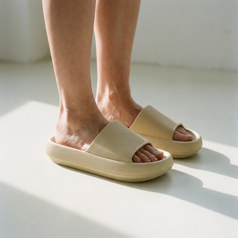Women's single-band cushioned slide sandals on a pale floor in soft morning light
