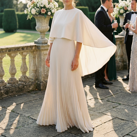 Pleated cape sleeve maxi dress for women on a stone terrace at a formal garden wedding