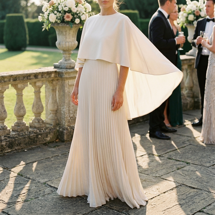 Pleated cape sleeve maxi dress for women on a stone terrace at a formal garden wedding