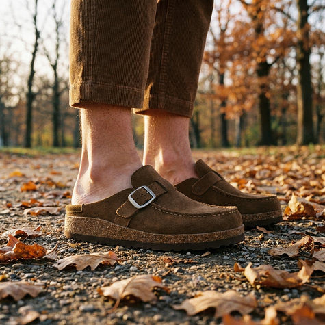 Suede clogs for women, worn on a leaf-covered park path in low autumn sun
