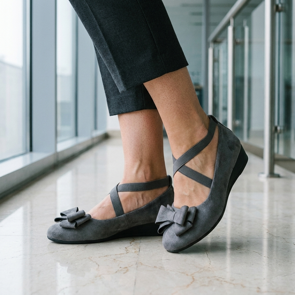 Flat shoes for women standing on a polished stone office lobby floor