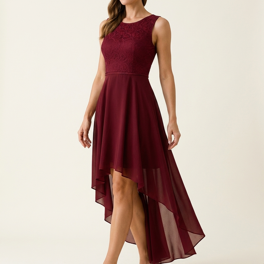 High-low hem dress for women on a pale studio backdrop, side angle showing the asymmetric hem
