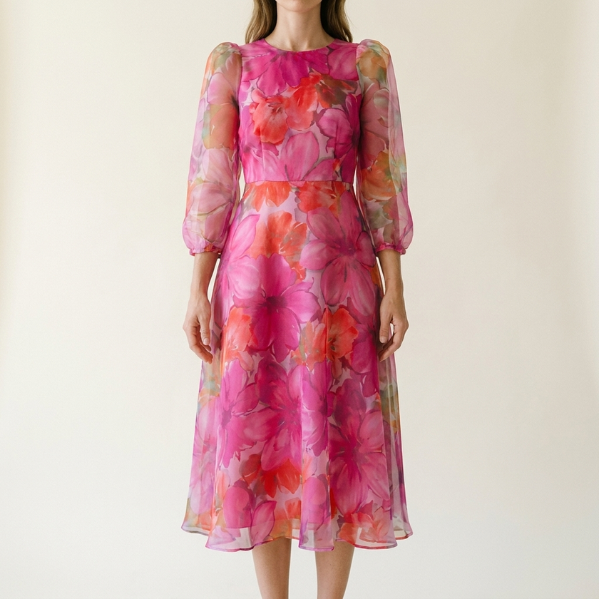 Floral formal midi dress for women on a pale studio backdrop, print shown full length