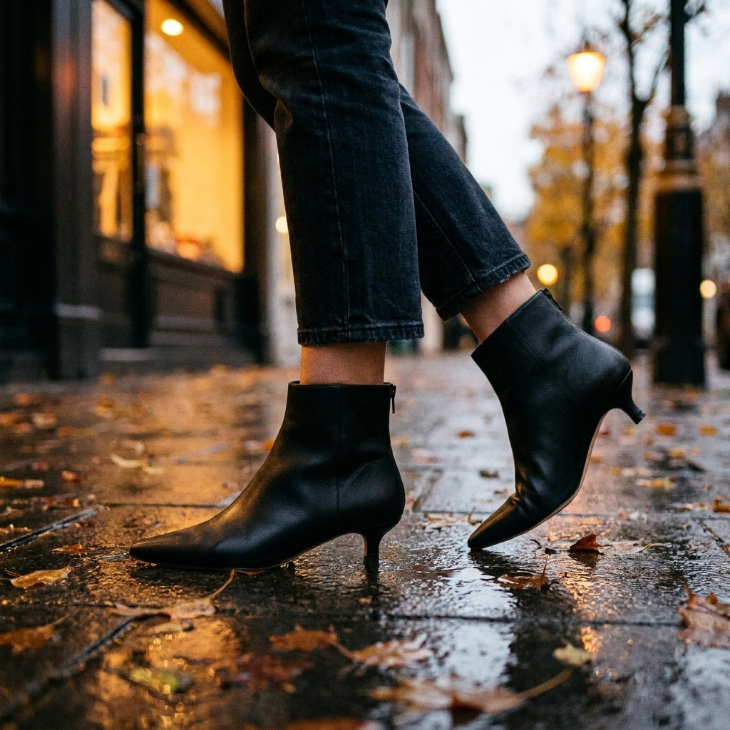 Women's kitten heel ankle booties mid-step on a damp city sidewalk in late autumn