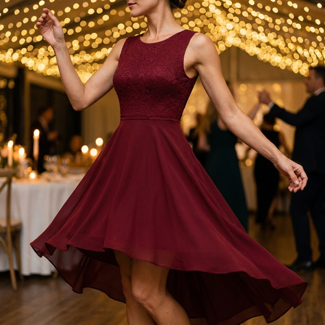 High-low hem dress for women mid-turn on a candlelit wedding reception dance floor