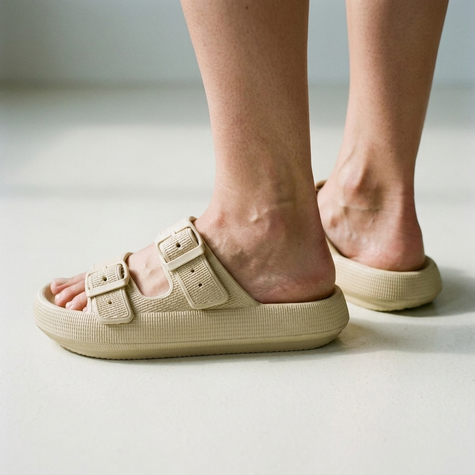 Women's two band cushioned slide sandals on a pale floor, low angle view