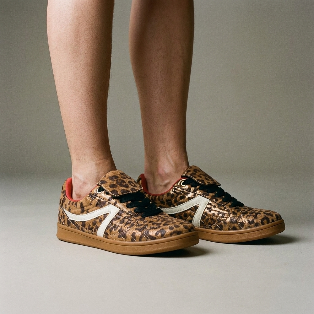 Retro low-top sneakers for women, standing on a neutral floor in crisp light