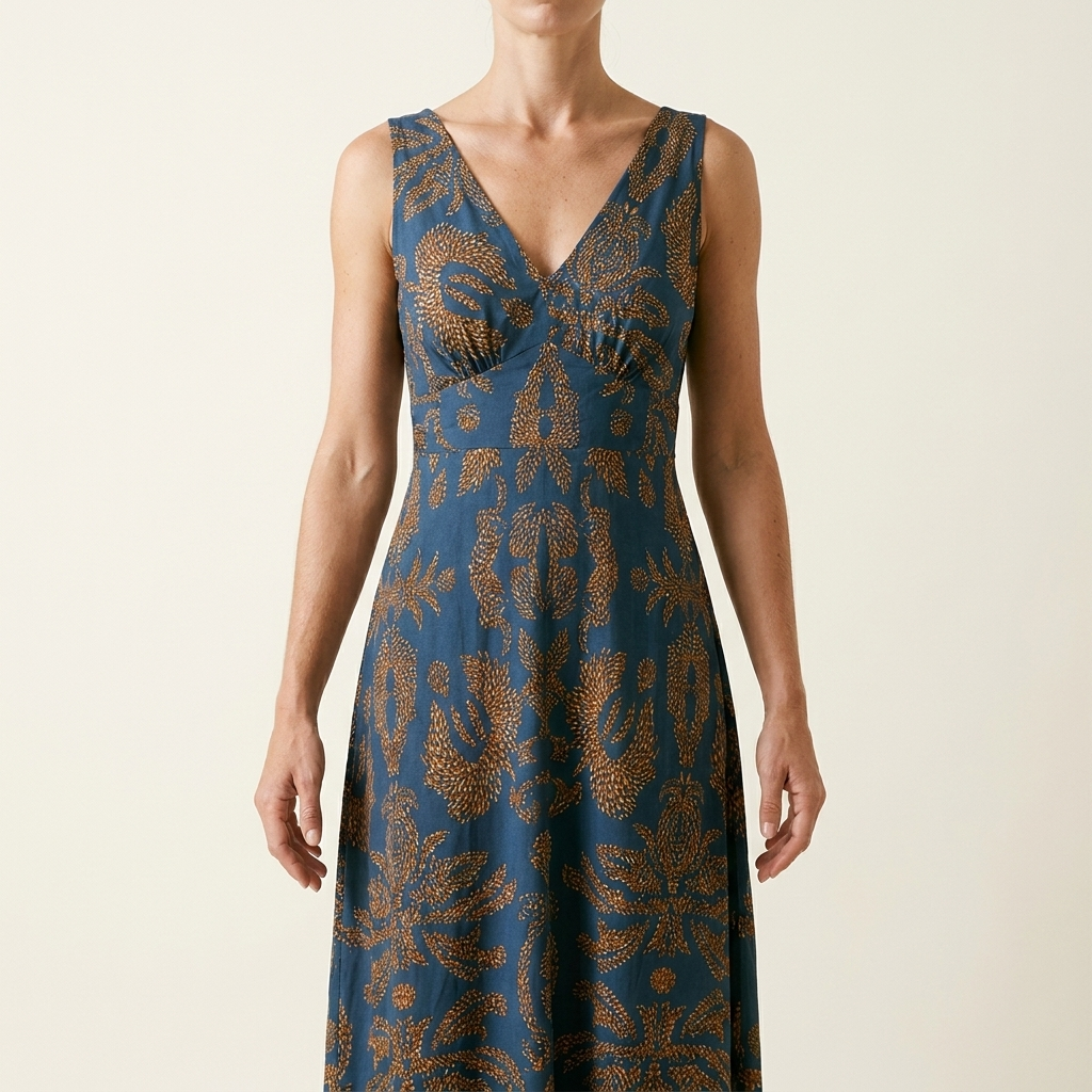 A-line V-neck maxi dress for women on a pale studio backdrop showing the A-line flare