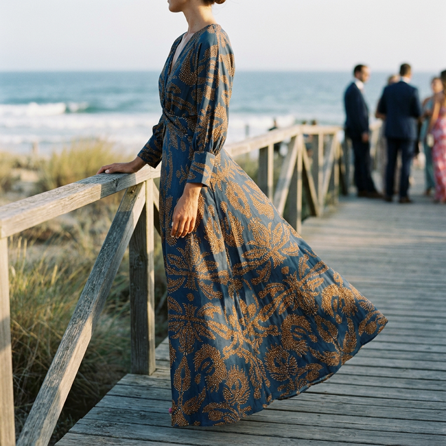 A-line V-neck maxi dress for women on a boardwalk at a coastal wedding in late afternoon