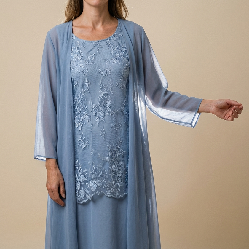 Sheer sleeve midi dress for women on a warm neutral backdrop showing the sleeve fabric