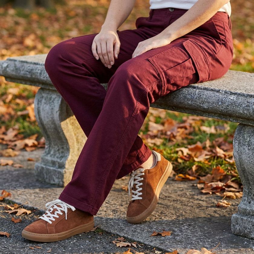Burgundy straight-leg cargo pants with thigh pocket, worn with chestnut suede sneakers on a park bench