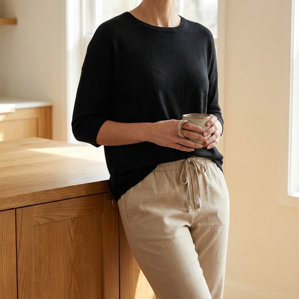 Black crew neck three-quarter sleeve knit top tucked into beige trousers in a kitchen