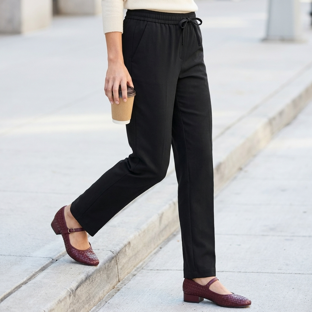 Black pull-on straight-leg trousers with drawstring waist, worn with burgundy Mary Jane flats on a city sidewalk