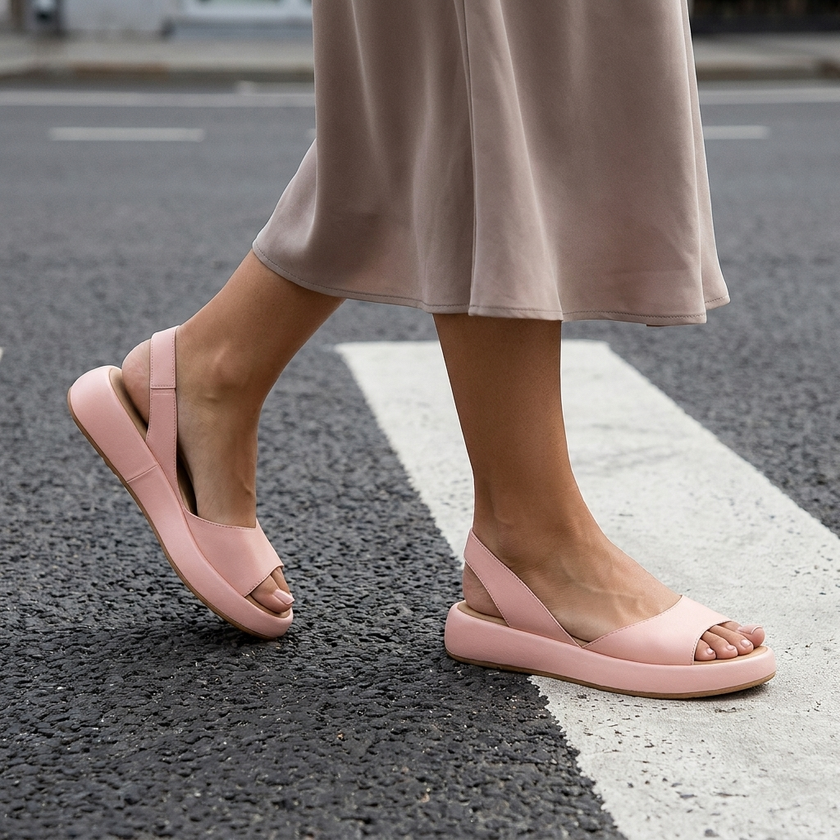 Light pink platform slingback sandals worn mid-stride on a city crosswalk