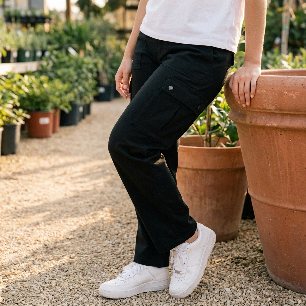 Black straight-leg cargo pants with functional thigh pockets, worn with white lace-up sneakers at a plant nursery