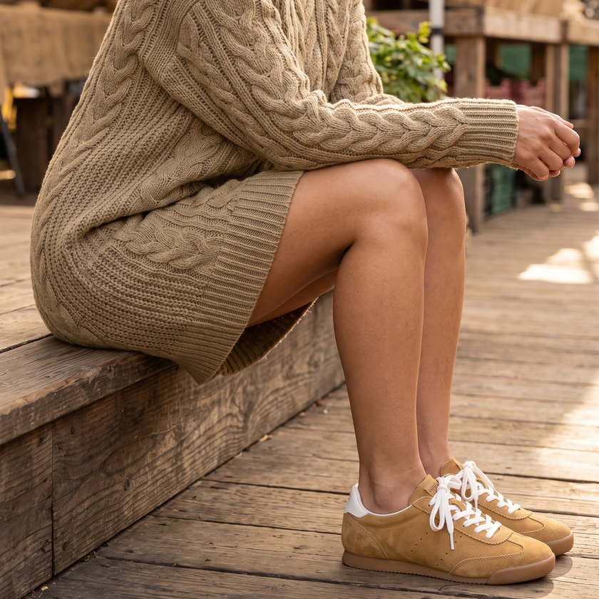 Freya khaki cable knit sweater dress styled with suede sneakers