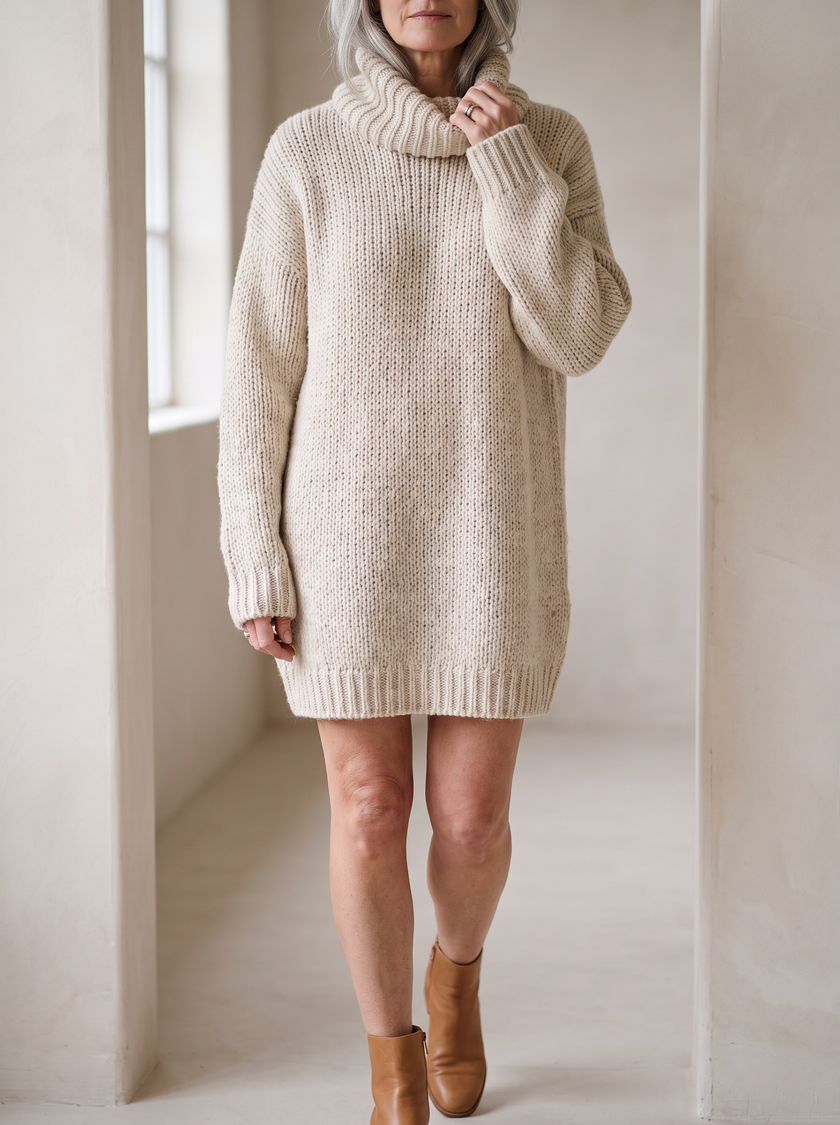 Linnea oatmeal oversized turtleneck sweater dress in a chunky knit