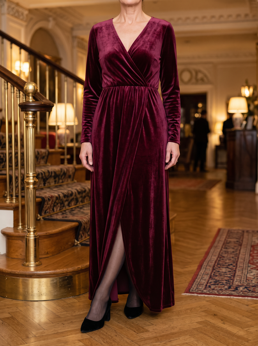 Vivienne berry velvet wrap maxi dress with V neckline and front split