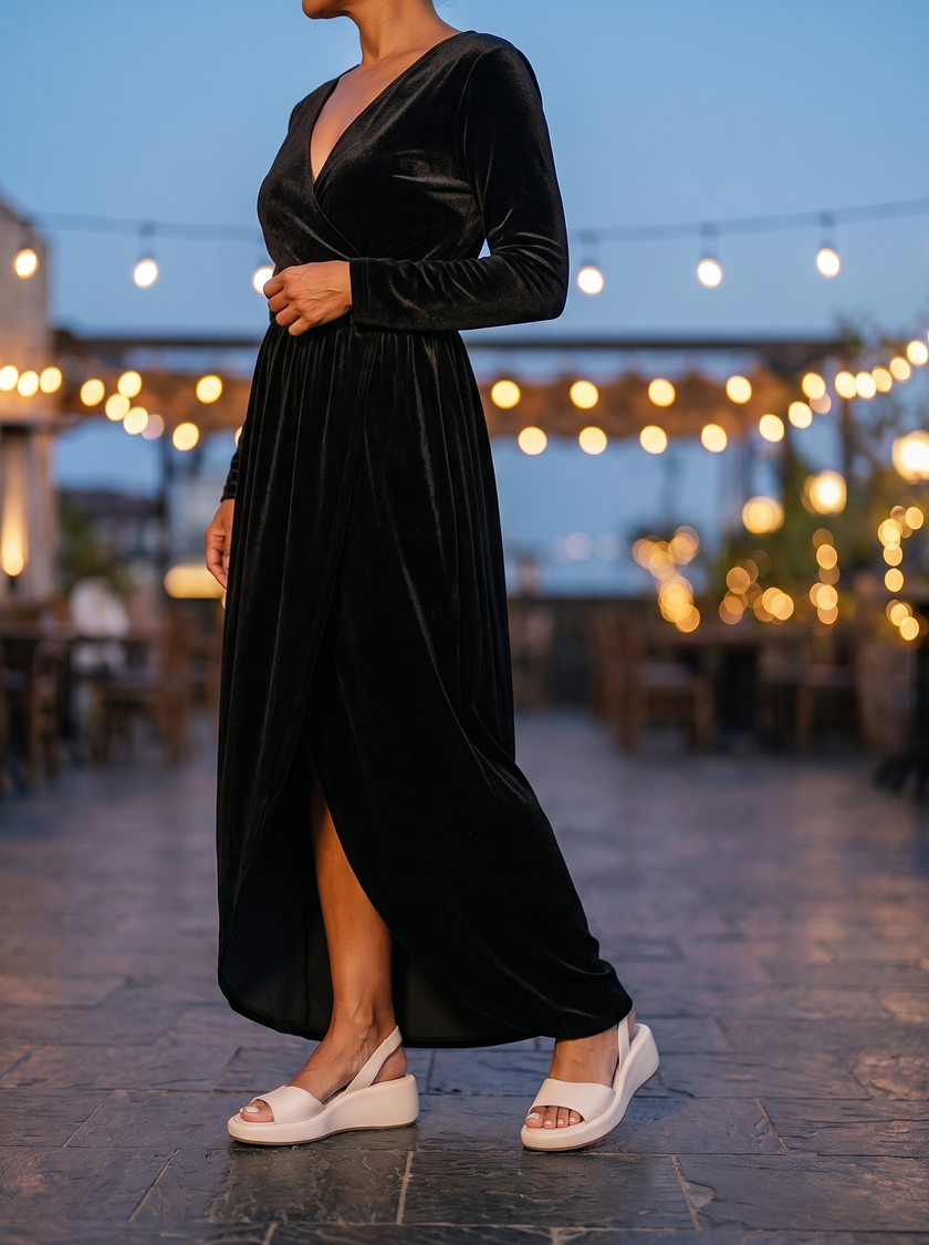 Vivienne black velvet wrap maxi dress worn with platform slingback sandals