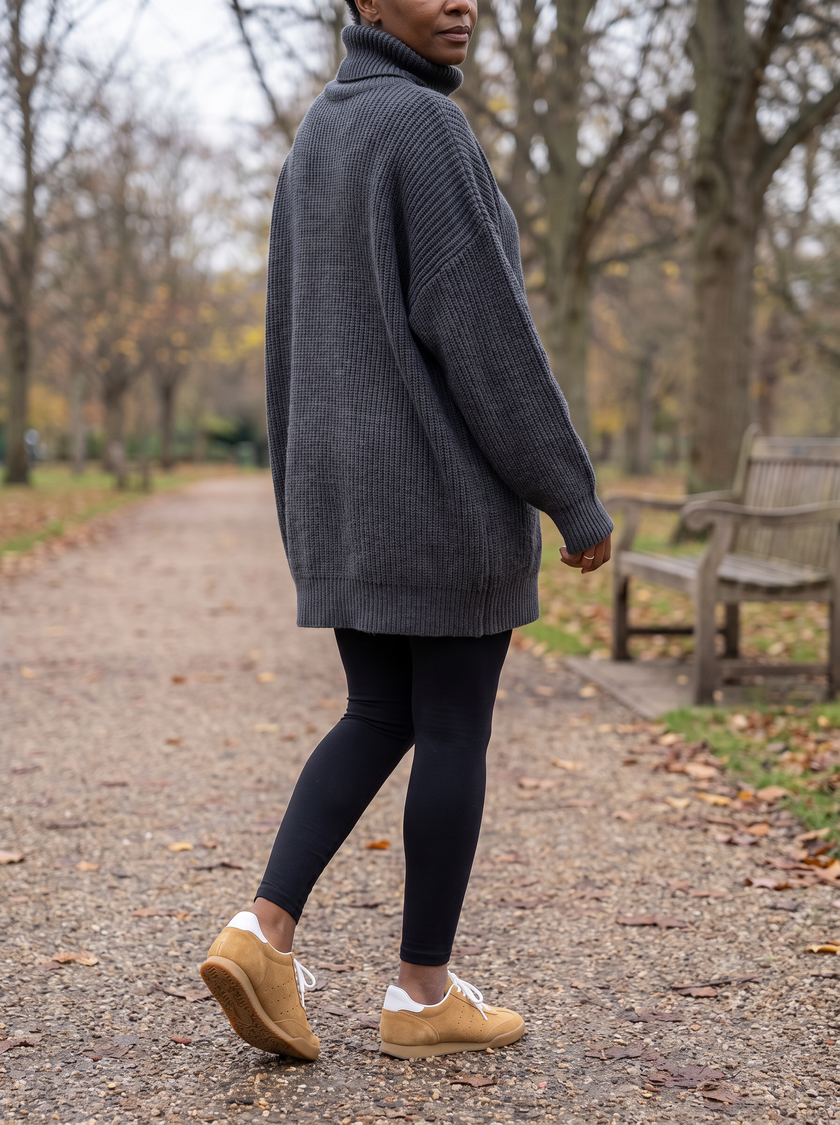 Linnea charcoal oversized sweater dress layered over leggings with sneakers