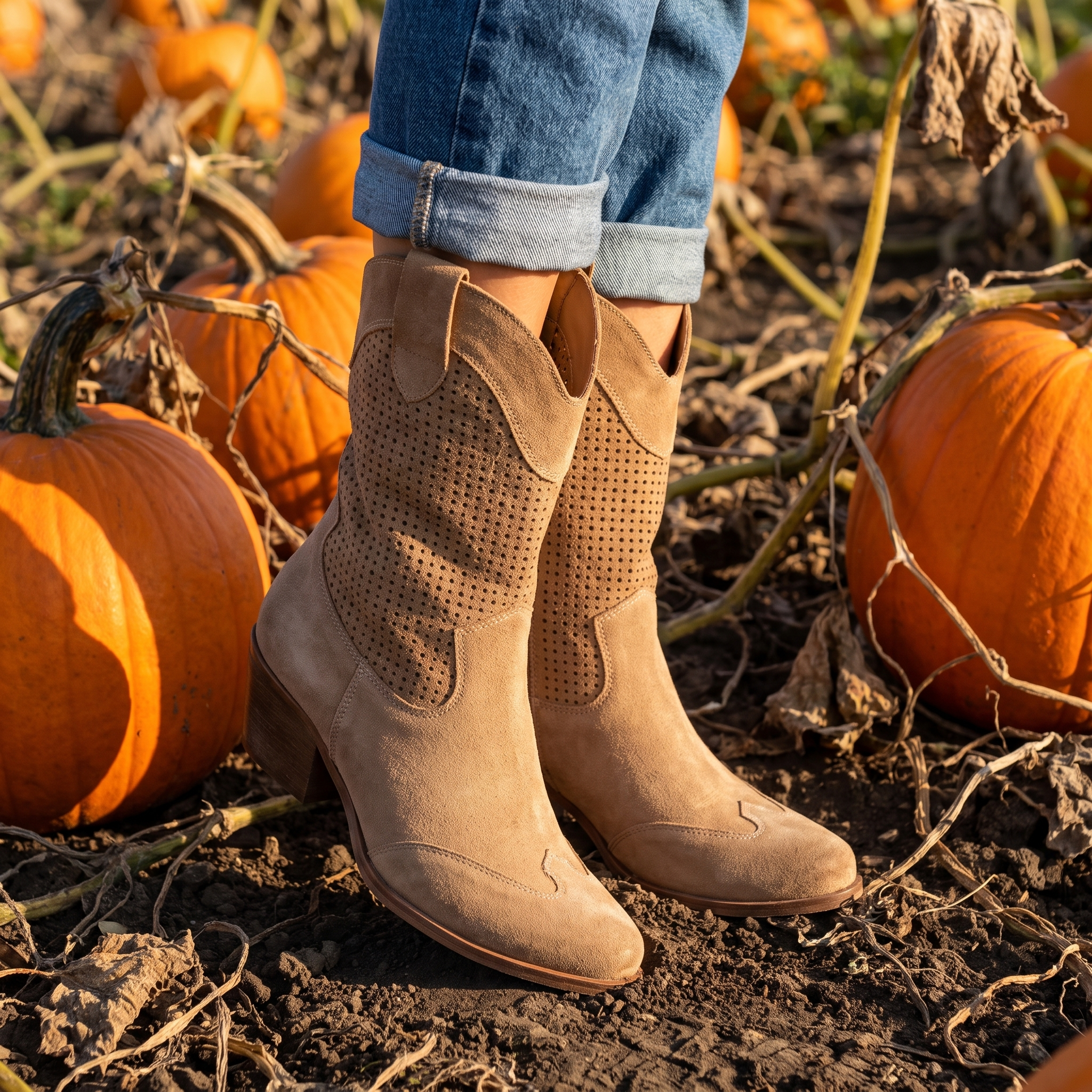 Arch support western boots for women standing in a pumpkin patch