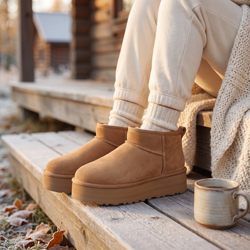 Wide width platform ankle boots with fur lining worn on a cabin porch in autumn