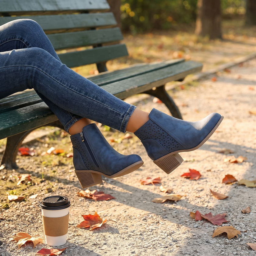 Breathable laser cut booties at a park bench in autumn