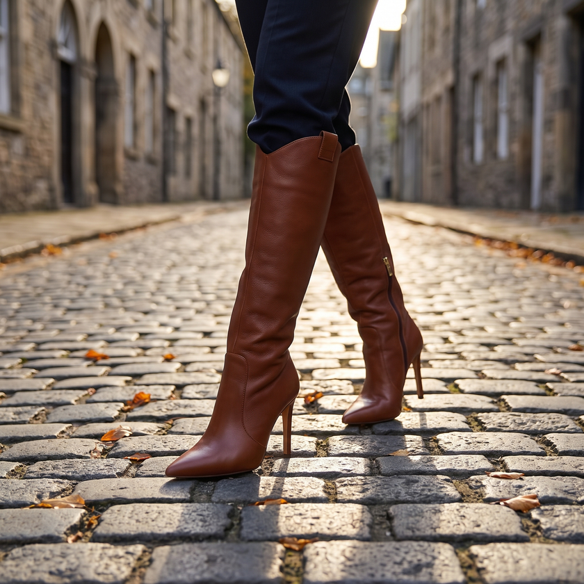 Heeled arch support boots walking on cobblestones at golden hour