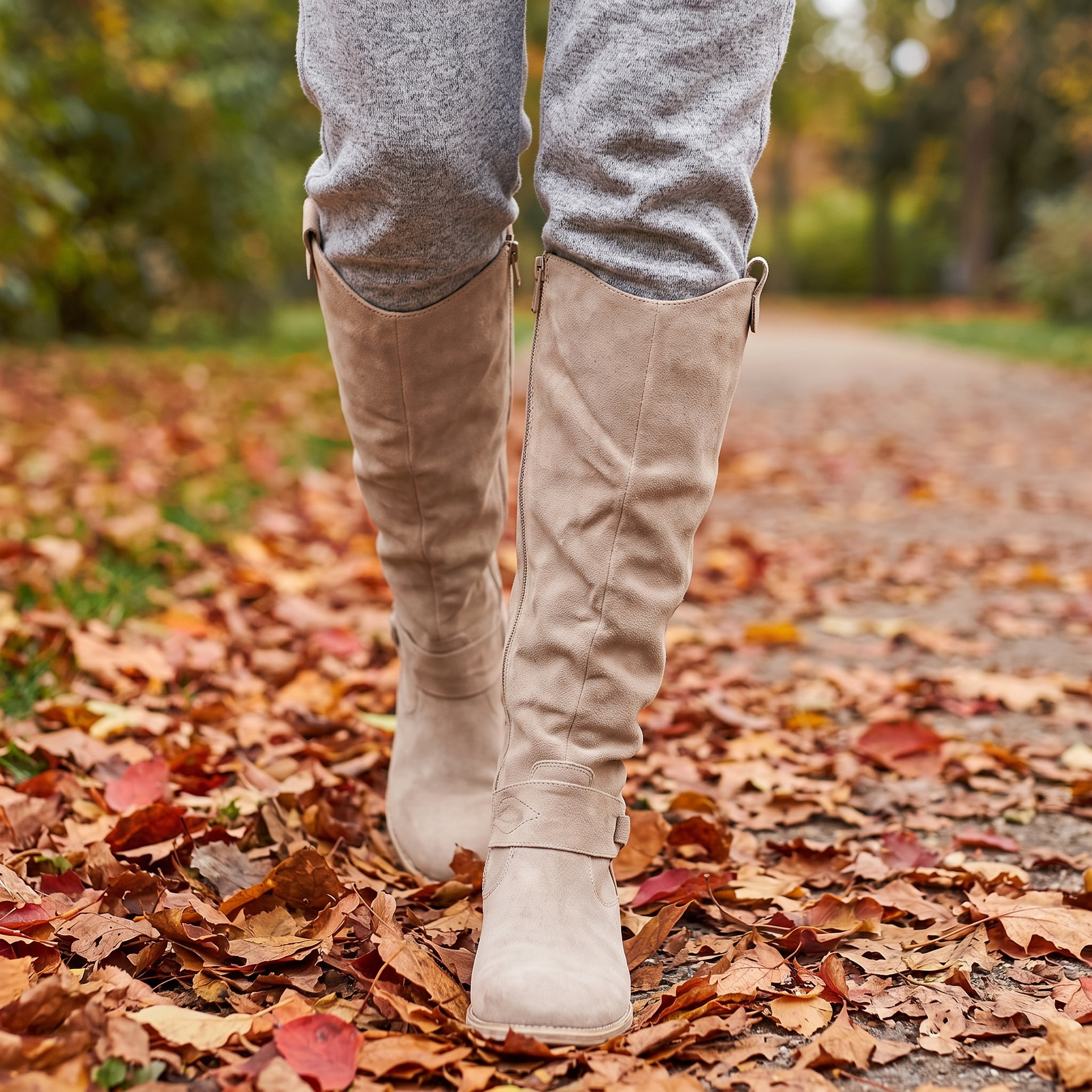 Cushioned comfort boots walking on a leaf covered park path