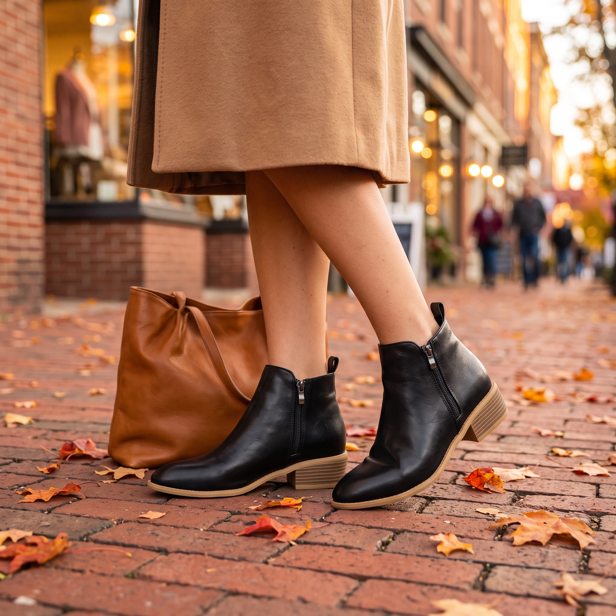 Side zip comfort booties on a brick sidewalk in fall
