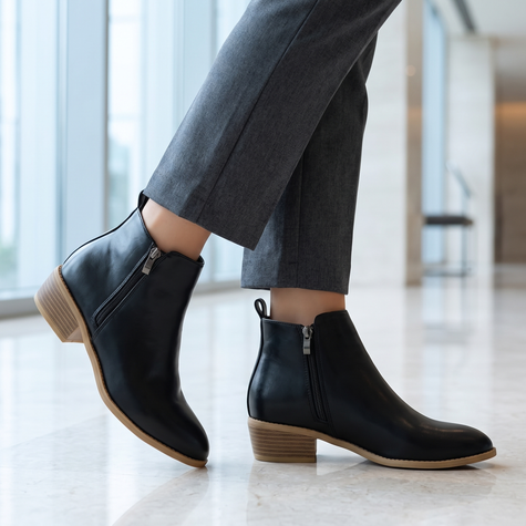 Arch support ankle boots with side zip in a modern lobby with tailored trousers