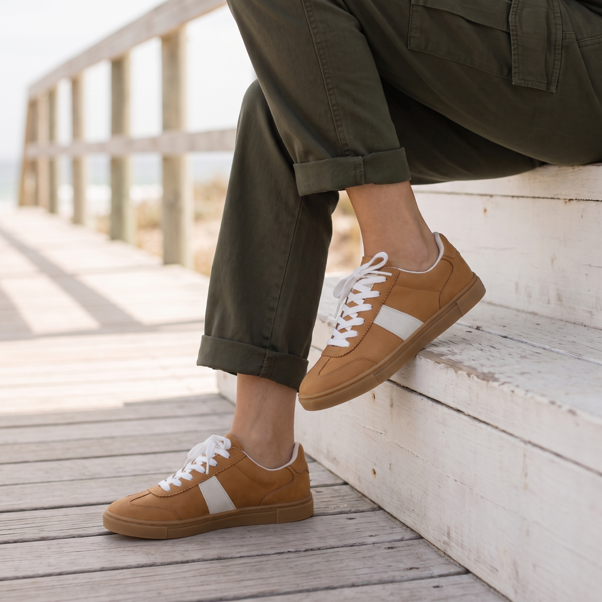 Tan lace up sneakers for women on a coastal boardwalk step