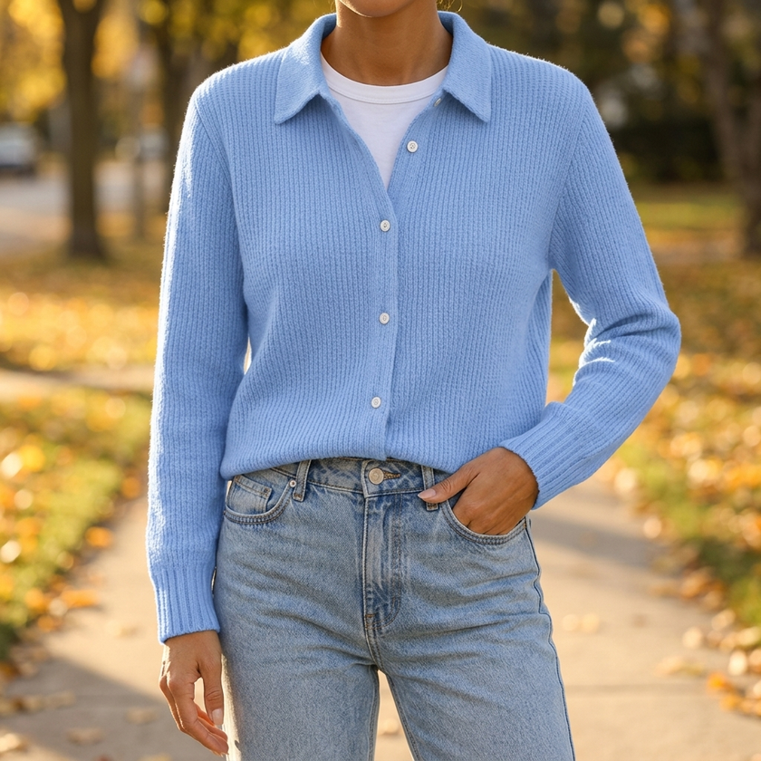 Lisa button-up knit cardigan sweater worn on an autumn sidewalk