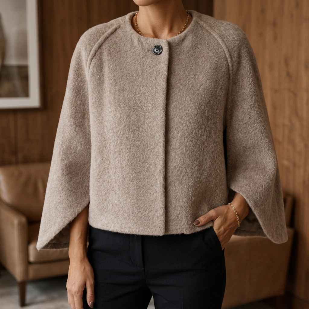 Veloura coat worn open over a silk blouse in a hotel lobby