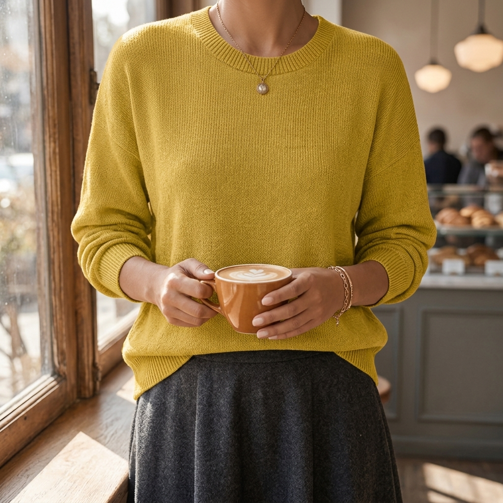 Lorie relaxed fit knit pullover sweater at a cafe window