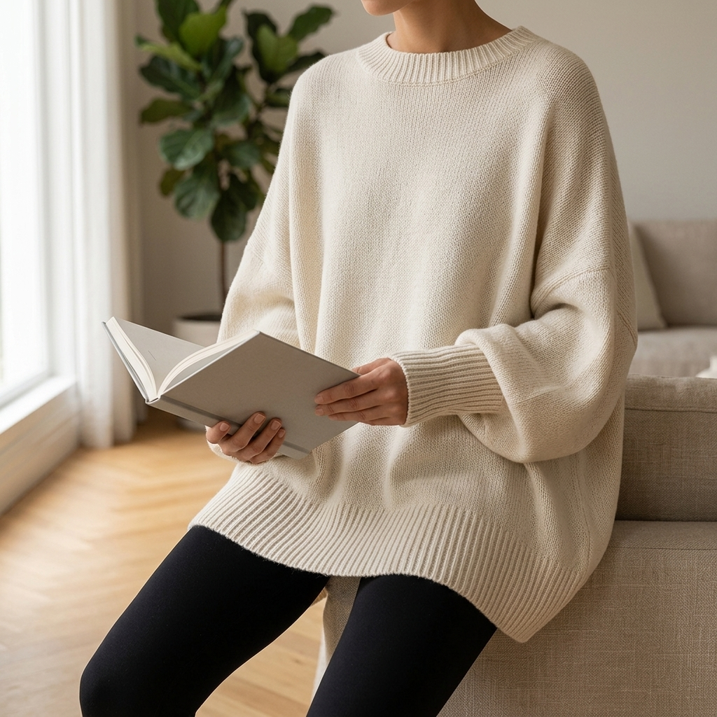 Jennifer oversized drop shoulder knit sweater on a linen sofa