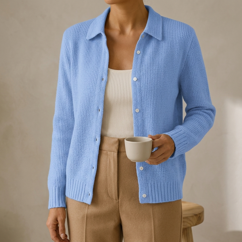 Lisa knit cardigan worn open over a tank with camel trousers