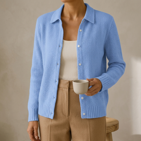 Lisa knit cardigan worn open over a tank with camel trousers