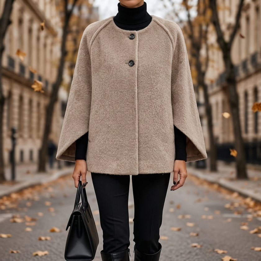 Veloura long sleeve round neck coat on a tree lined avenue