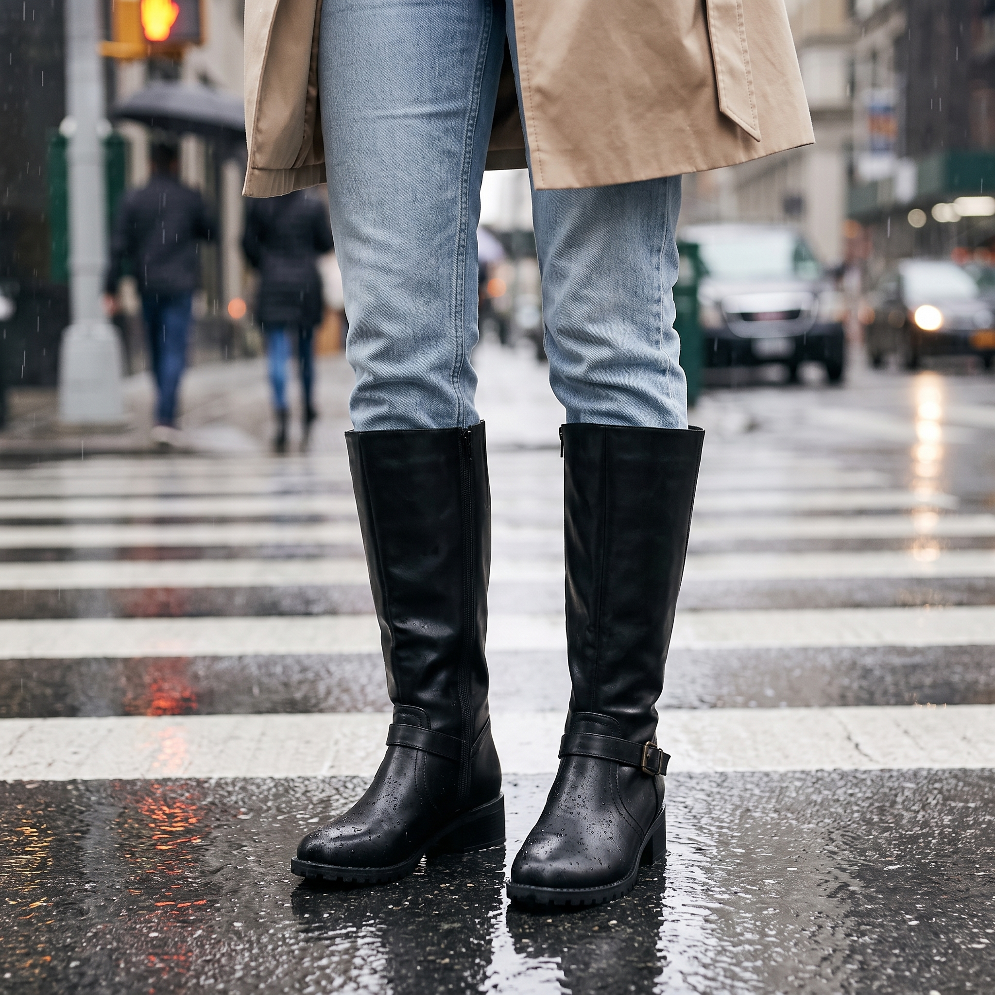Black knee high riding boots for women with buckle strap and block heel, worn with jeans