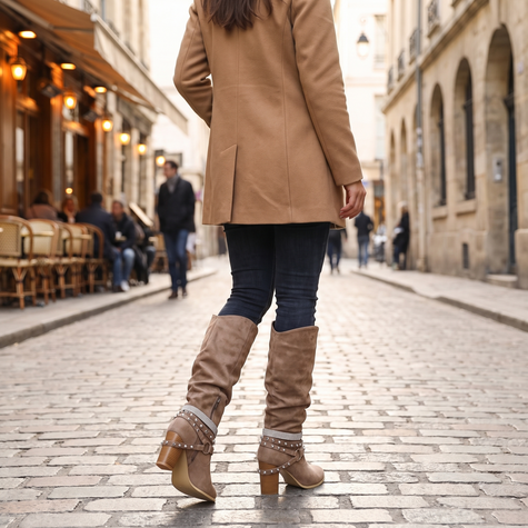Beige slouch knee high boots with block heel worn with jeans and camel coat