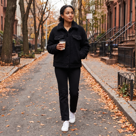 Woman wearing a black oversized sherpa collared jacket on a leaf-covered street