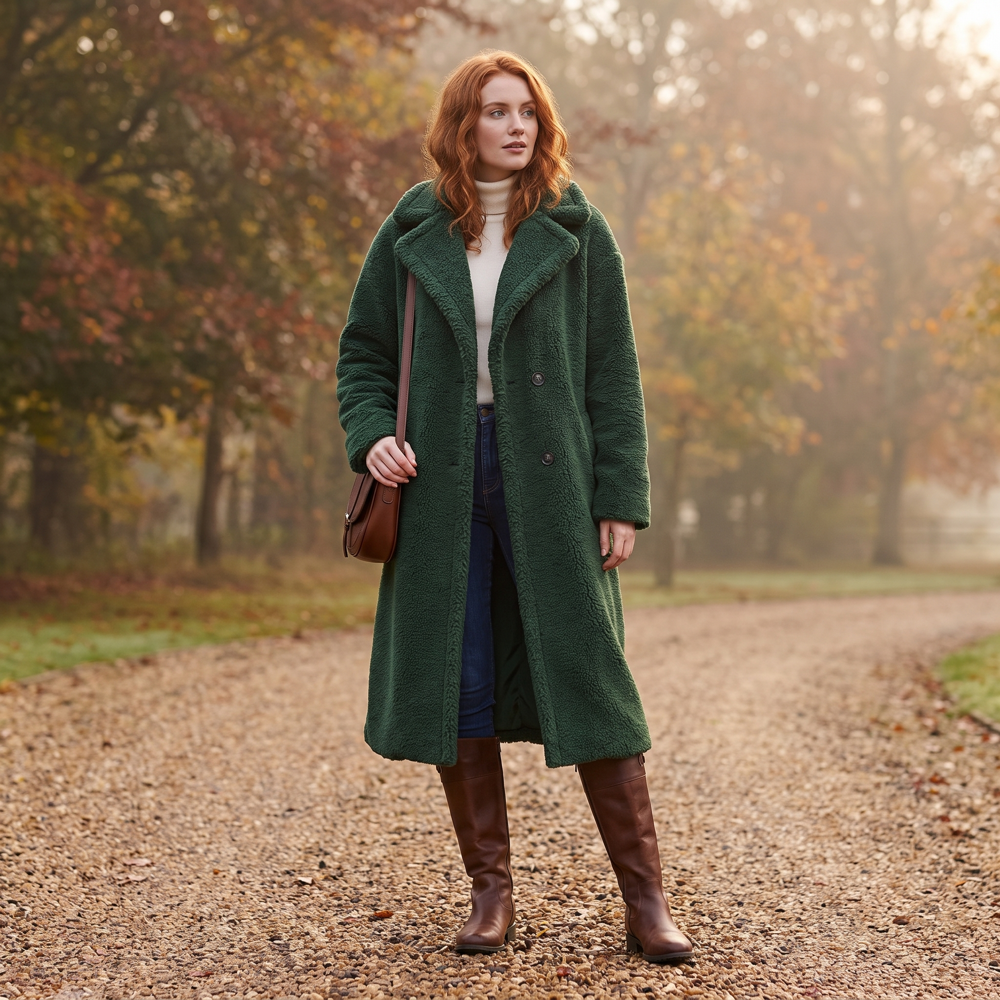 Woman wearing a dark green oversized teddy coat in autumn woodland