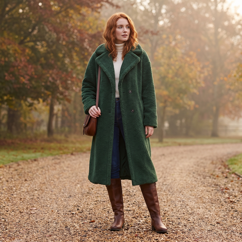 Woman wearing a dark green oversized teddy coat in autumn woodland