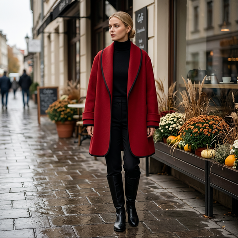 Woman wearing a red oversized swing coat with contrast lapel outside a cafe