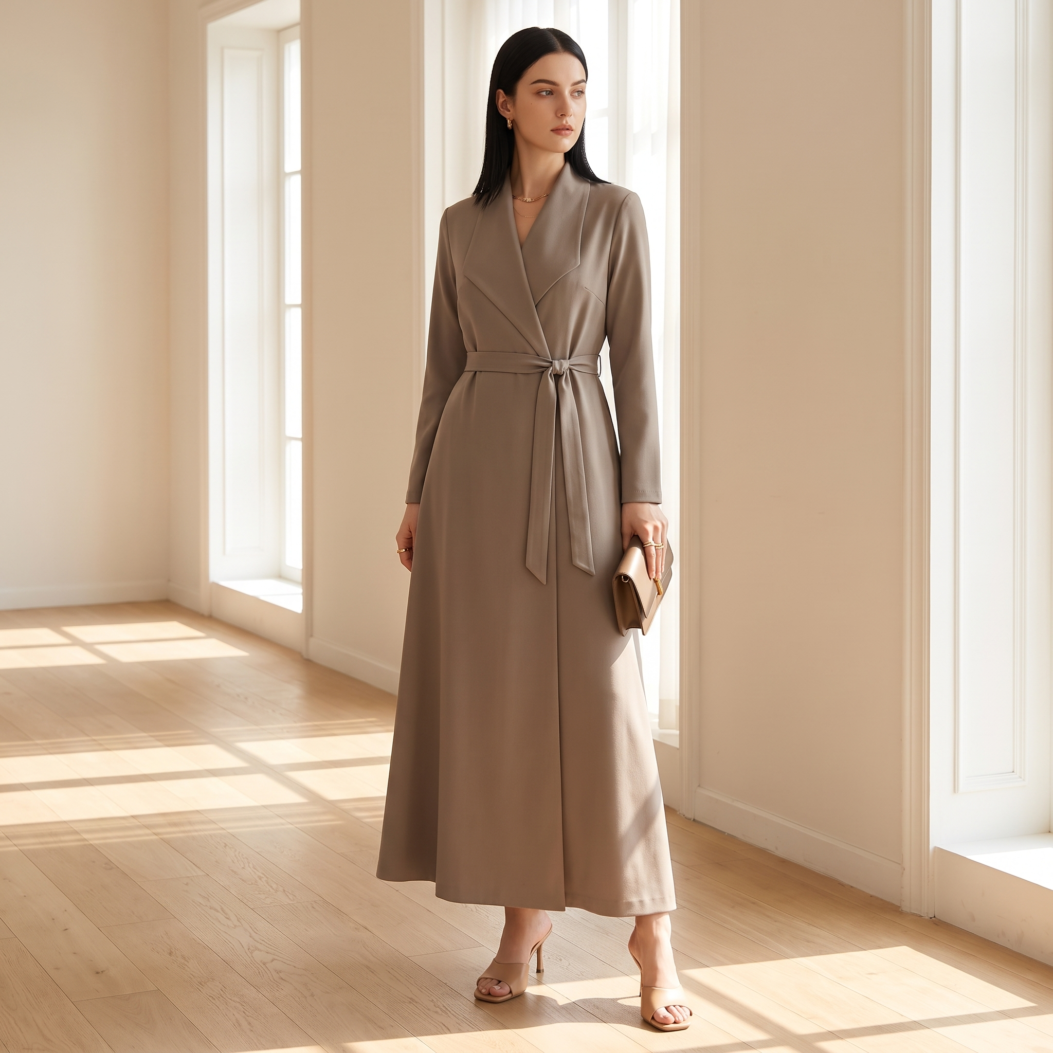 Woman wearing a taupe A-line wrap maxi dress with belt in a sunlit interior