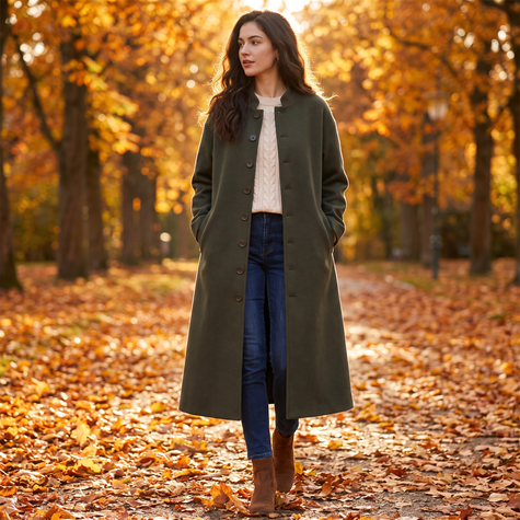 Woman wearing a green long button-front winter coat on an autumn park path